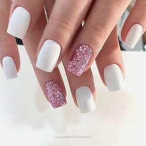 white with pink glitter Short Acrylic Nails