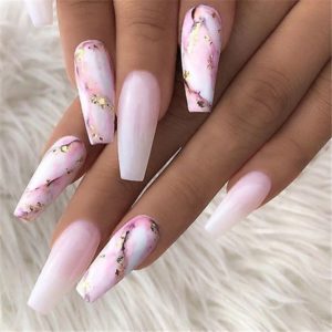 white pink gold coffin acrylic nails