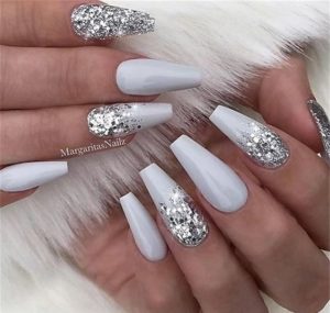 silver white coffin acrylic nails