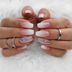 rhinestones on accent nails and natural ombre nails