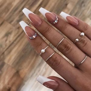 Glam White coffin acrylic nails with diamonds