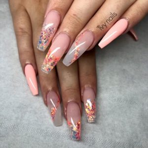 peach pink nails and gems