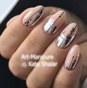 Silver nail foil on nude nails and line in middle of nail