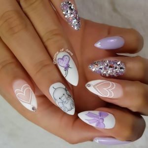 heart designs and nail art with rhinestones