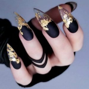 Black nails with clear tips and gold nail foil