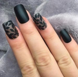 matte leaves pattern on accent nails