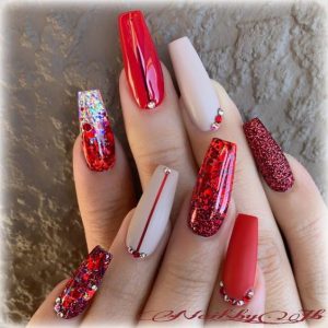 Nude and Red Glitter Nails