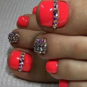 neon red rhinestone pedicure