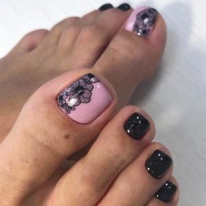 pink with black flower outline toes