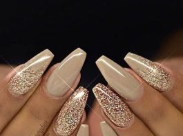 coffin nude glitter nails