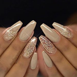 coffin nude glitter nails