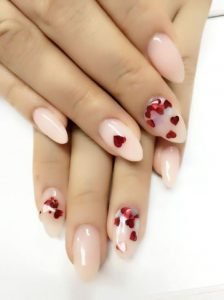 nude nail red heart glitter