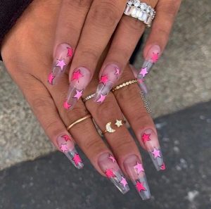 pink star design clear nails