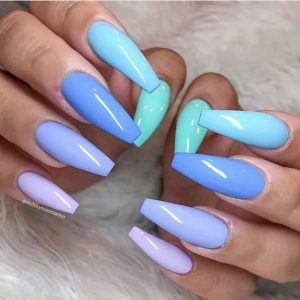 blue tone rainbow nails coffin