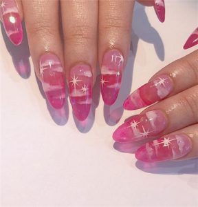 clouds on pink jelly nail
