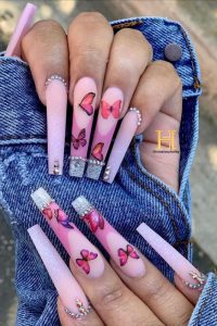 butterfly pink color long nails